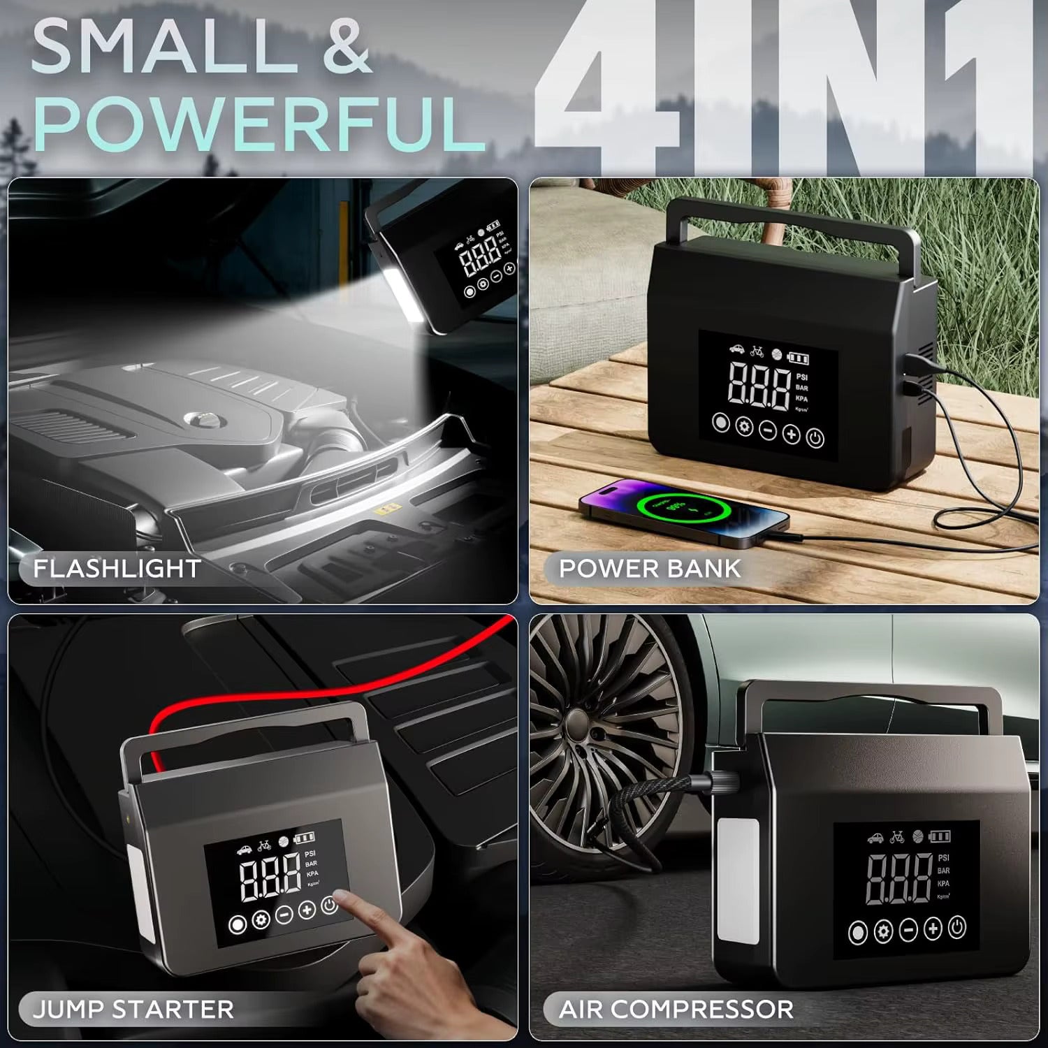 Portable Car Jump Starter, 4000A Car Battery Jump Starter with 150PSI Tire Inflator, 12V Car Battery Jump Starter, 15000mAh Power Bank, with LED Light