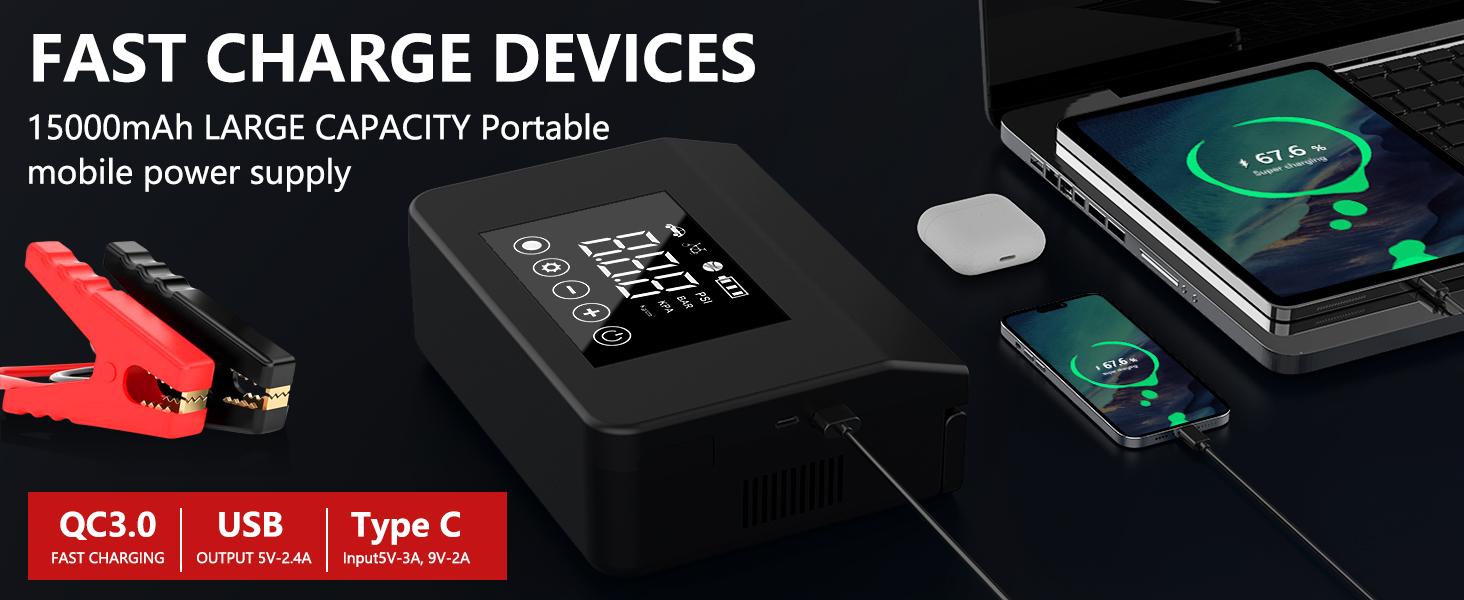 Portable Car Jump Starter, 4000A Car Battery Jump Starter with 150PSI Tire Inflator, 12V Car Battery Jump Starter, 15000mAh Power Bank, with LED Light